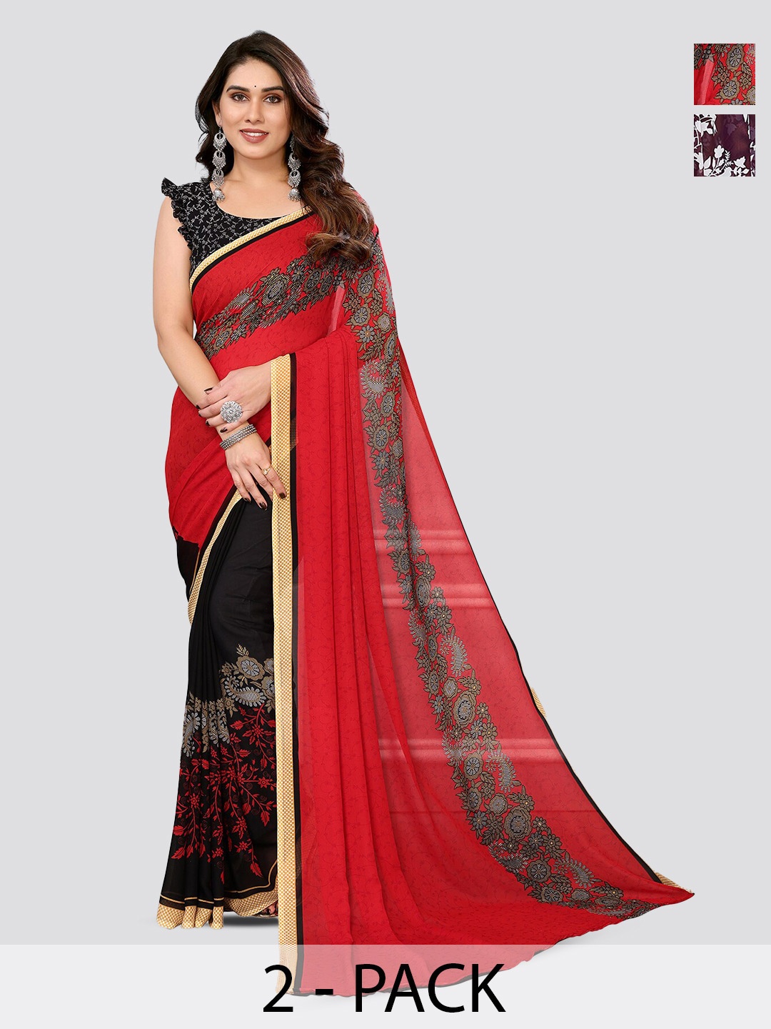 

ANAND SAREES Selection Of 2 Floral Printed Sarees, Purple