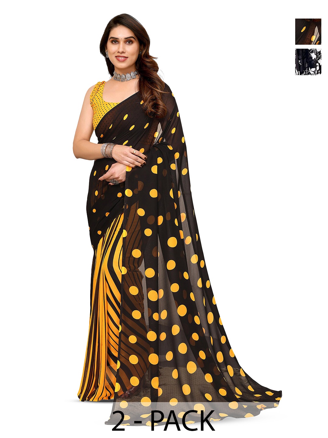 

ANAND SAREES Selection Of 2 Floral Printed Sarees, Black