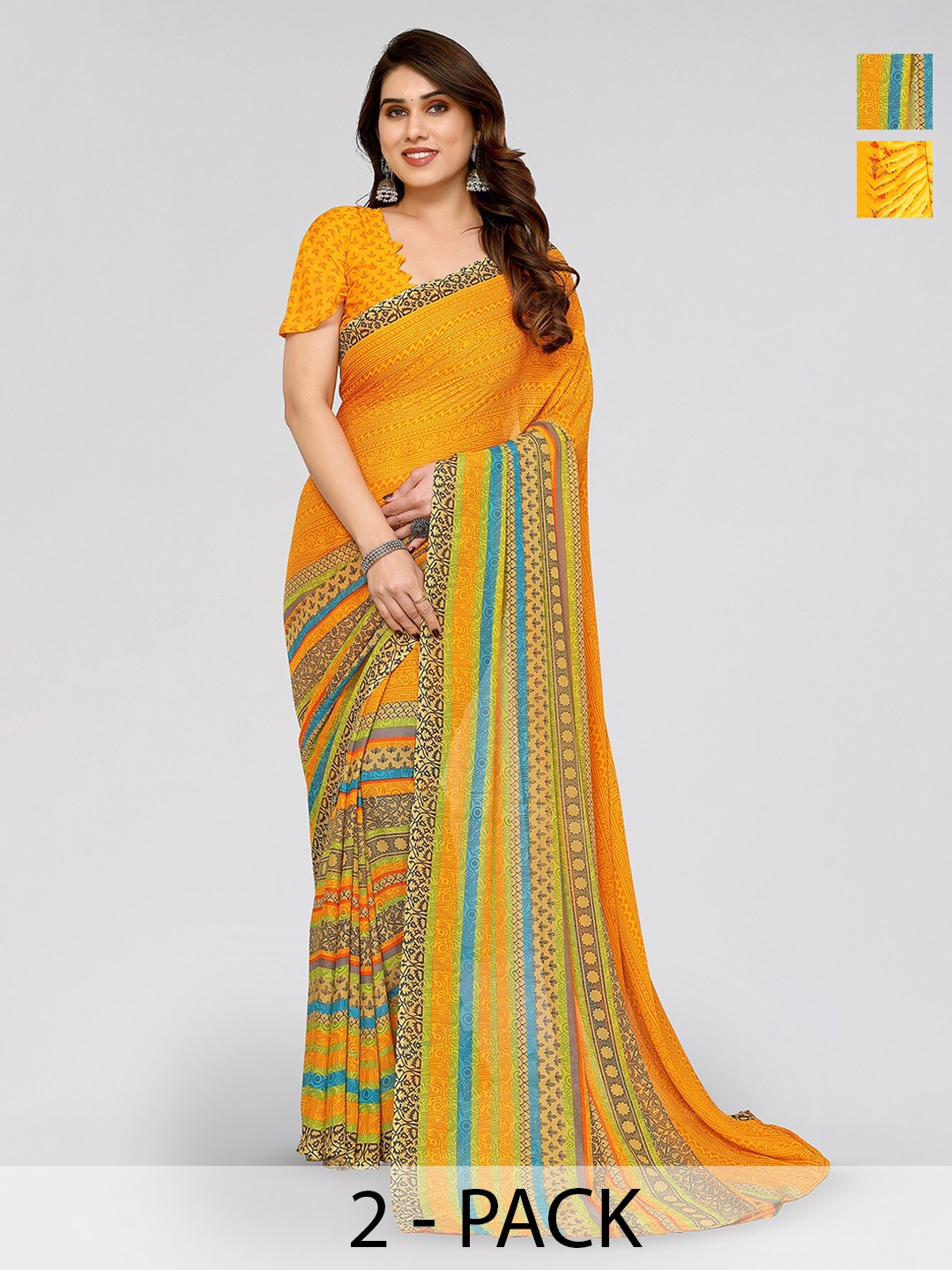 

ANAND SAREES Selection of 2 Striped Printed Saree, Yellow