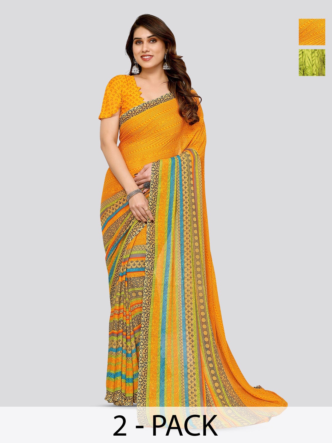 

ANAND SAREES Selection Of 2 Striped Printed Sarees, Orange