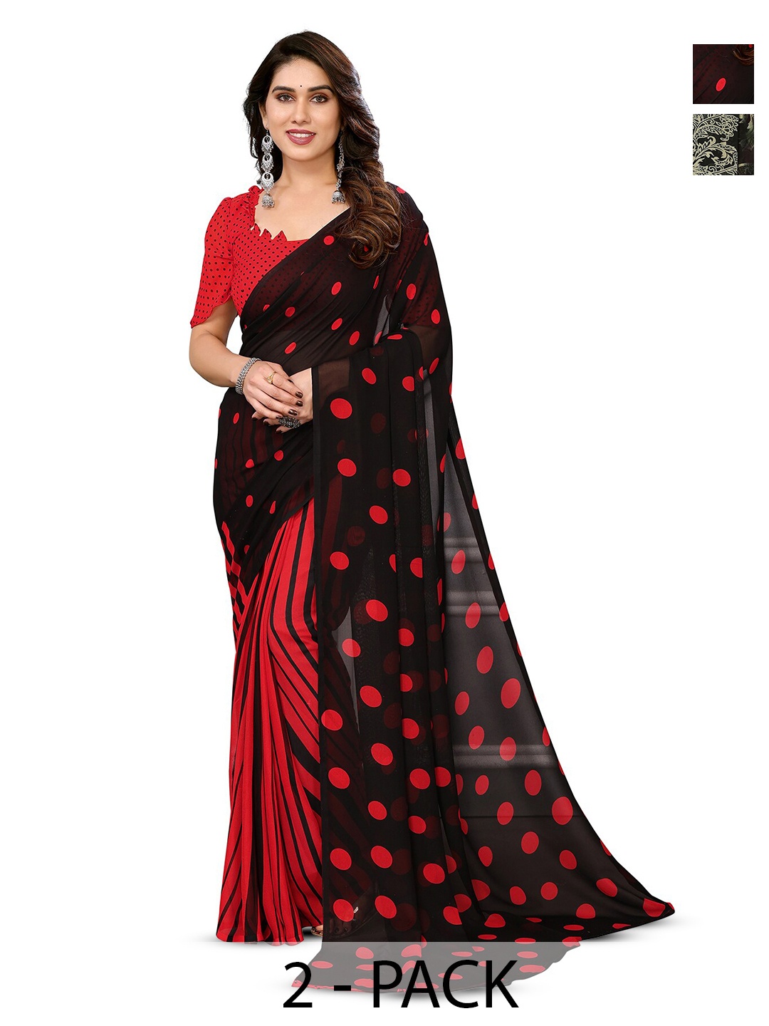 

ANAND SAREES Selection Of 2 Floral Printed Sarees, Red