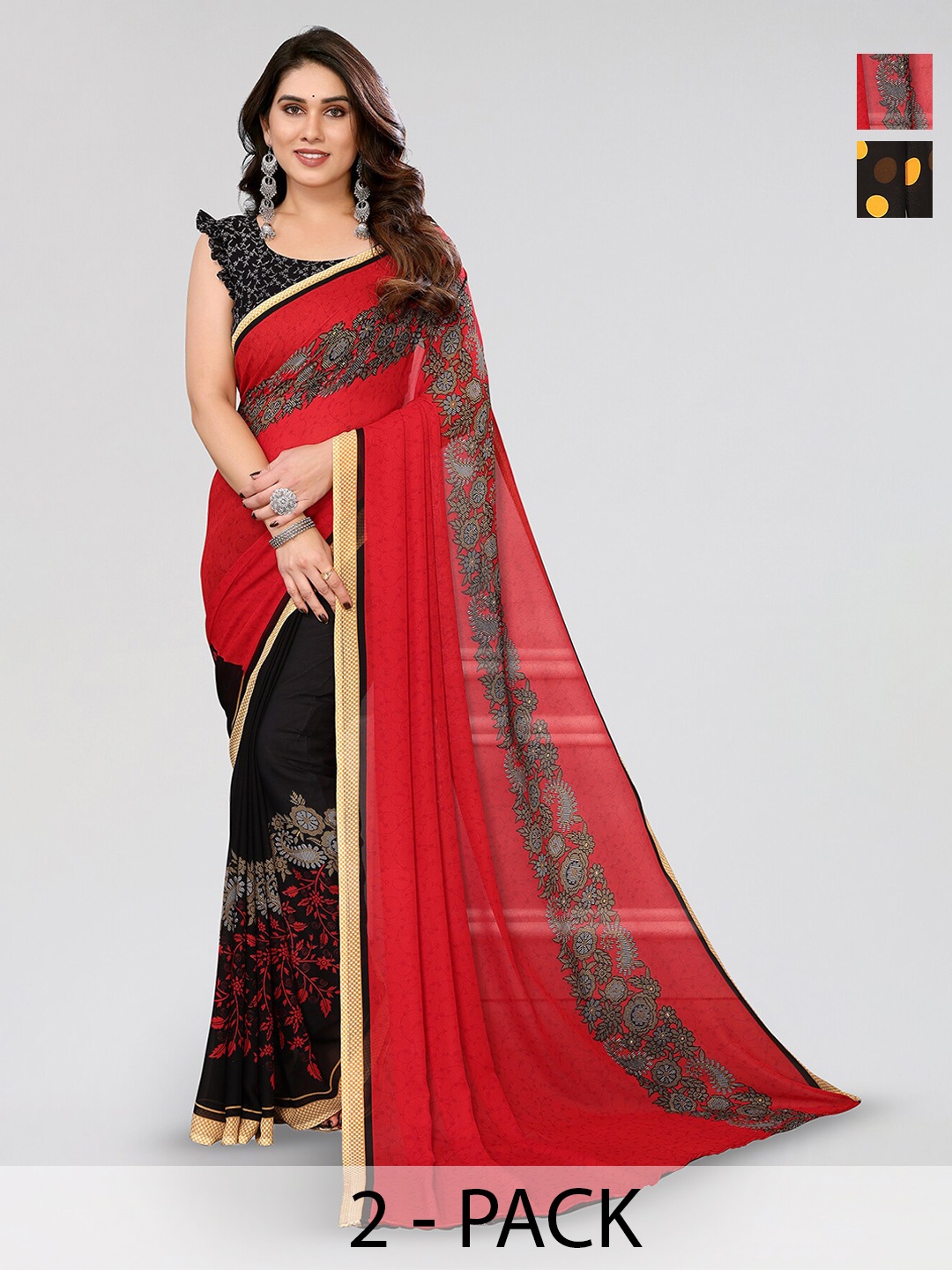 

ANAND SAREES Selection Of 2 Floral Printed Sarees, Red