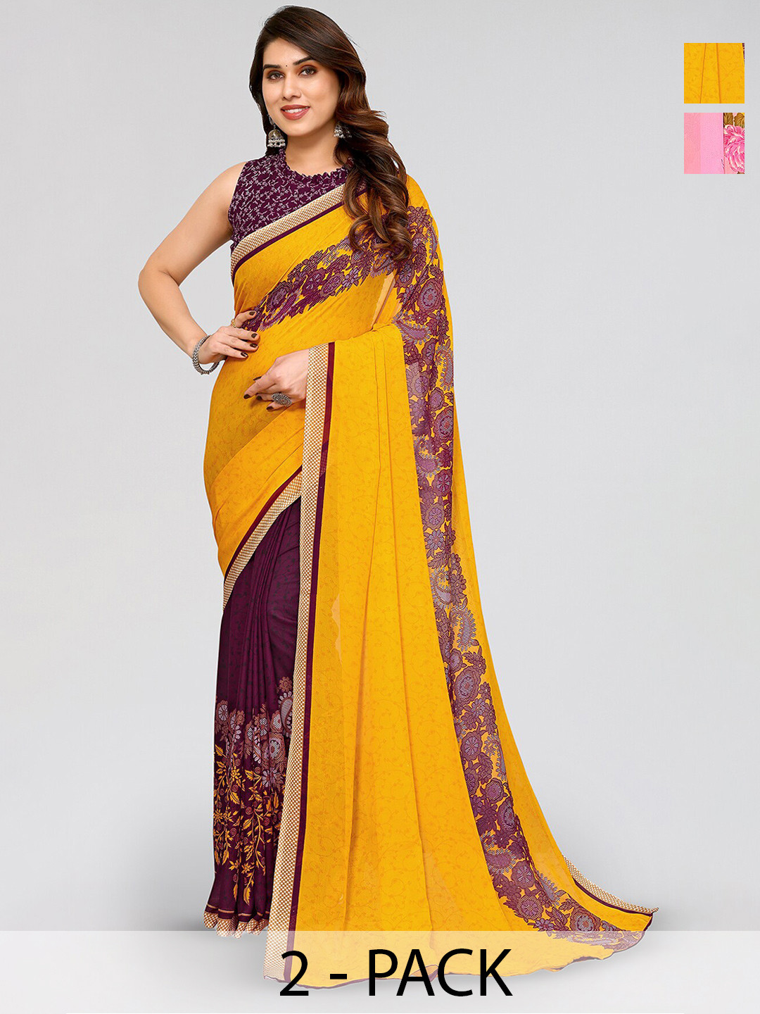 

ANAND SAREES Selection Of 2 Floral Printed Sarees, Pink