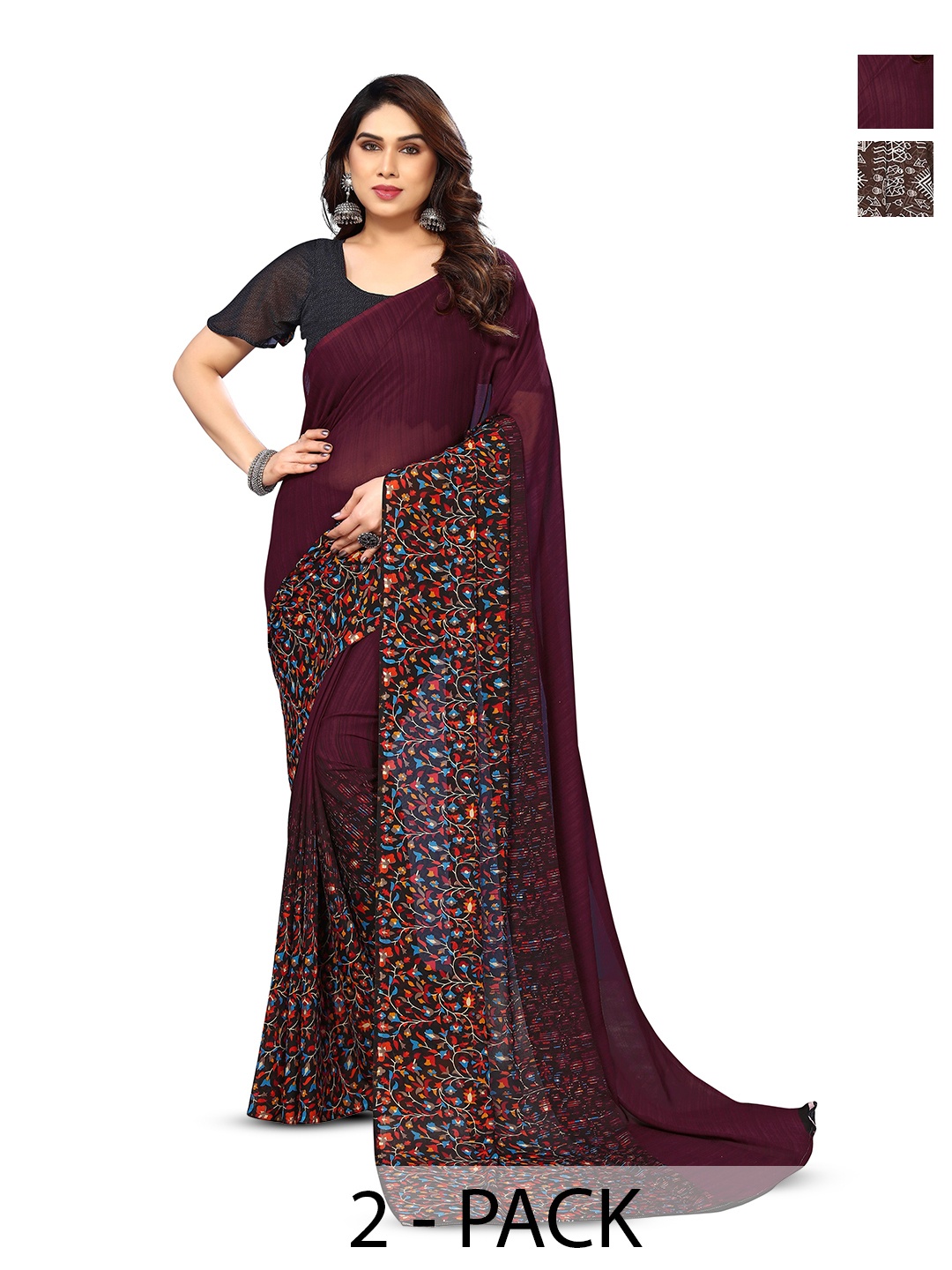 

ANAND SAREES Selection Of 2 Floral Printed Sarees, Maroon