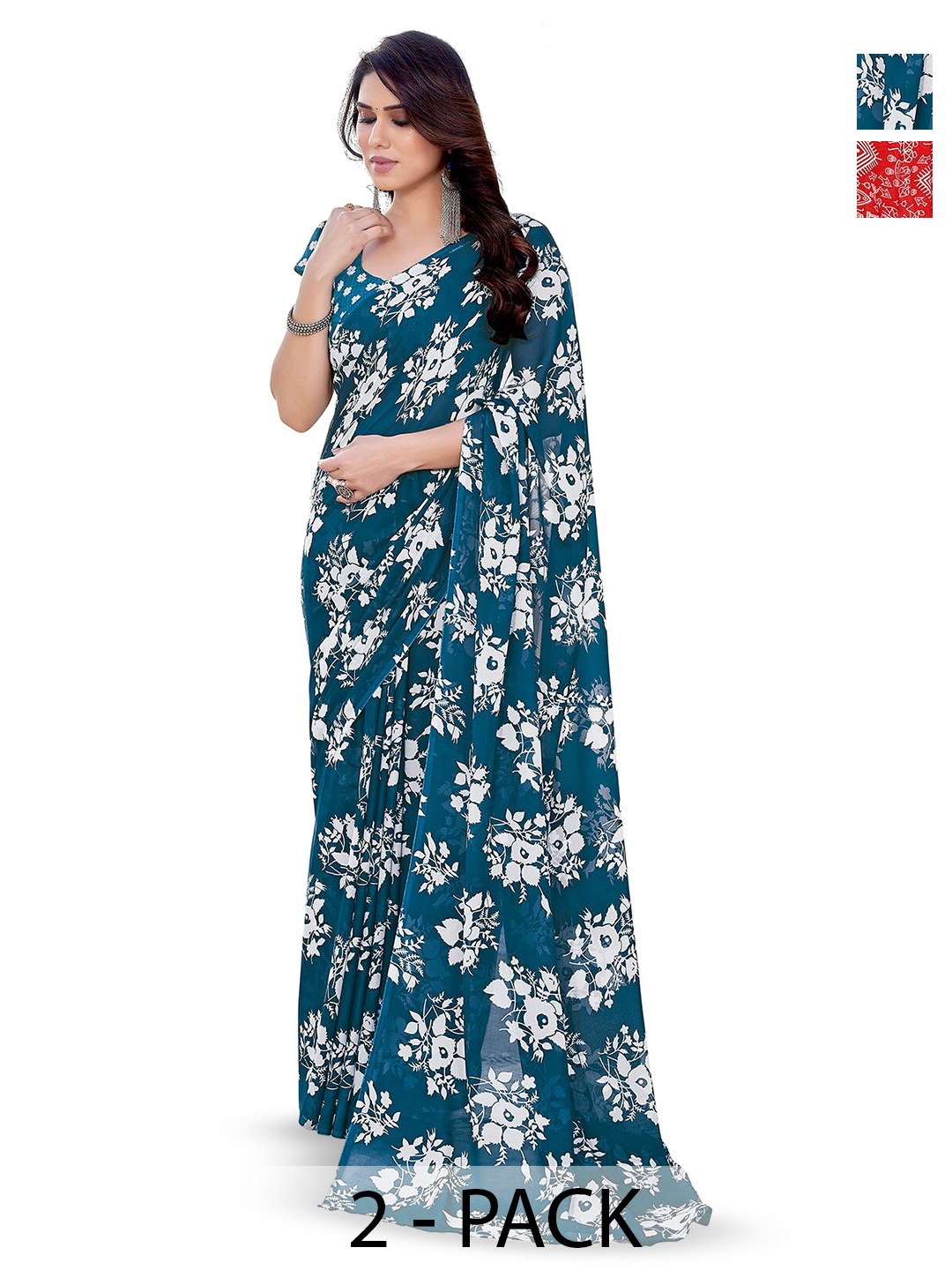 

ANAND SAREES Selection Of 2 Floral Printed Sarees, Red