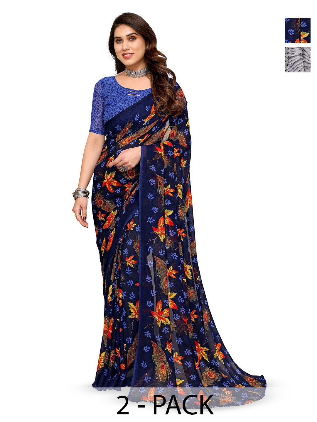 

ANAND SAREES Selection Of 2 Printed Sarees, Blue
