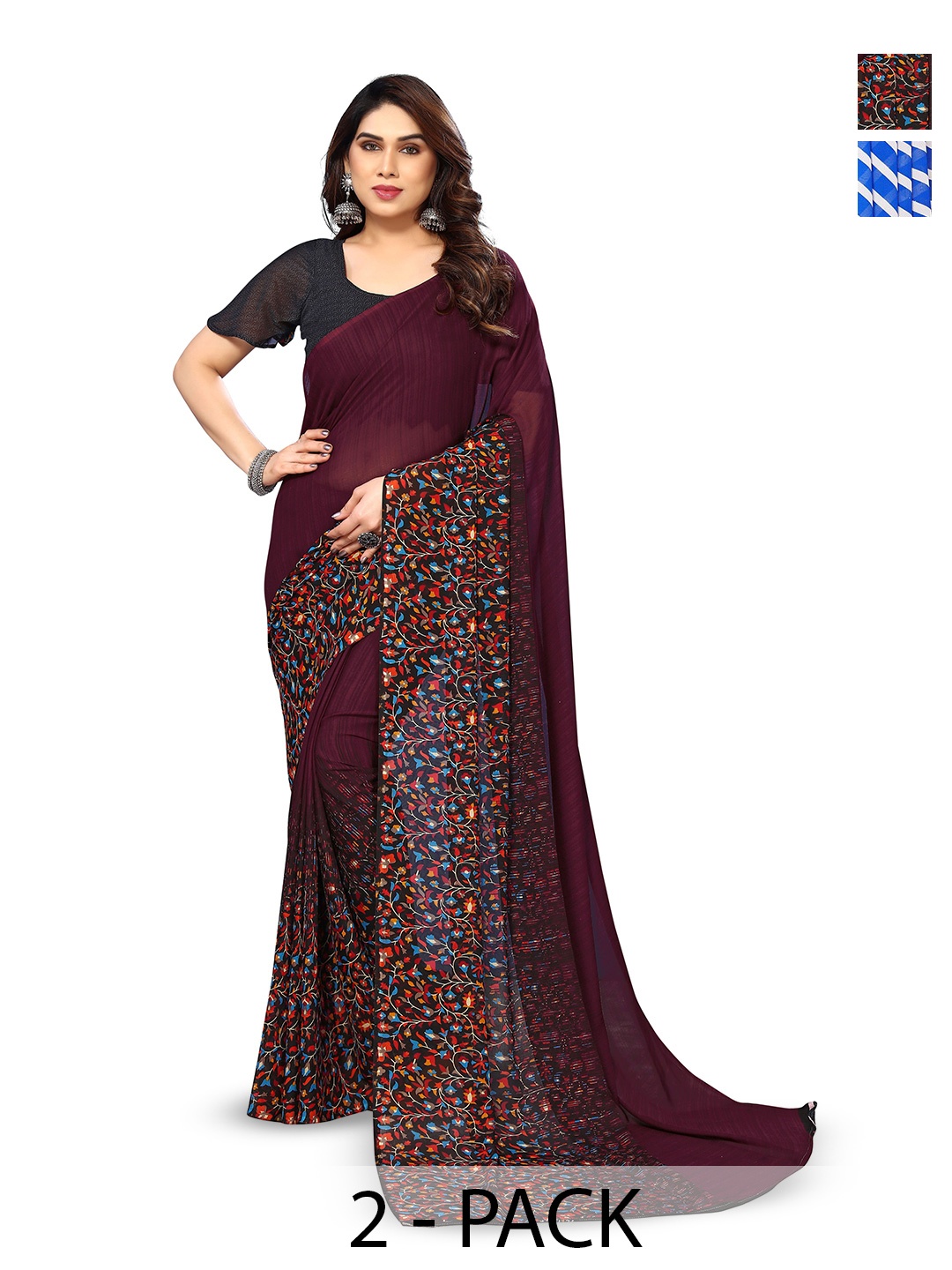 

ANAND SAREES Selection Of 2 Floral Sarees, Blue