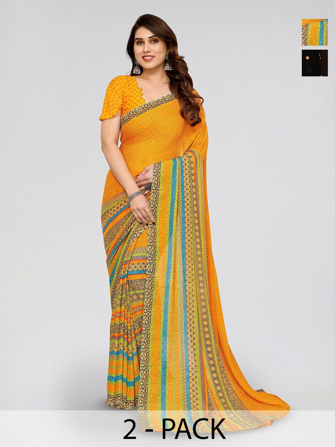 

ANAND SAREES Selection Of 2 Polka Dot Printed Saree, Yellow