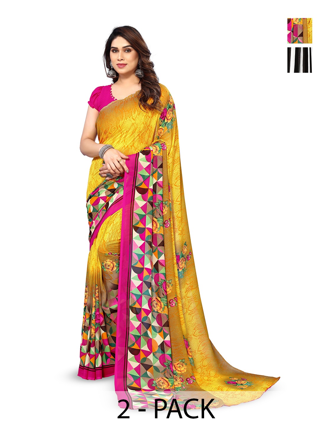 

ANAND SAREES Selection Of 2 Floral Printed Sarees, Yellow