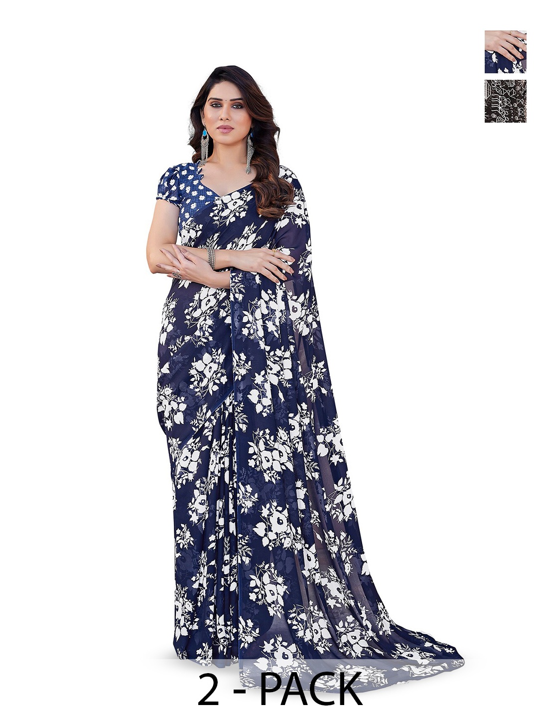 

ANAND SAREES Selection Of 2 Printed Sarees, Blue