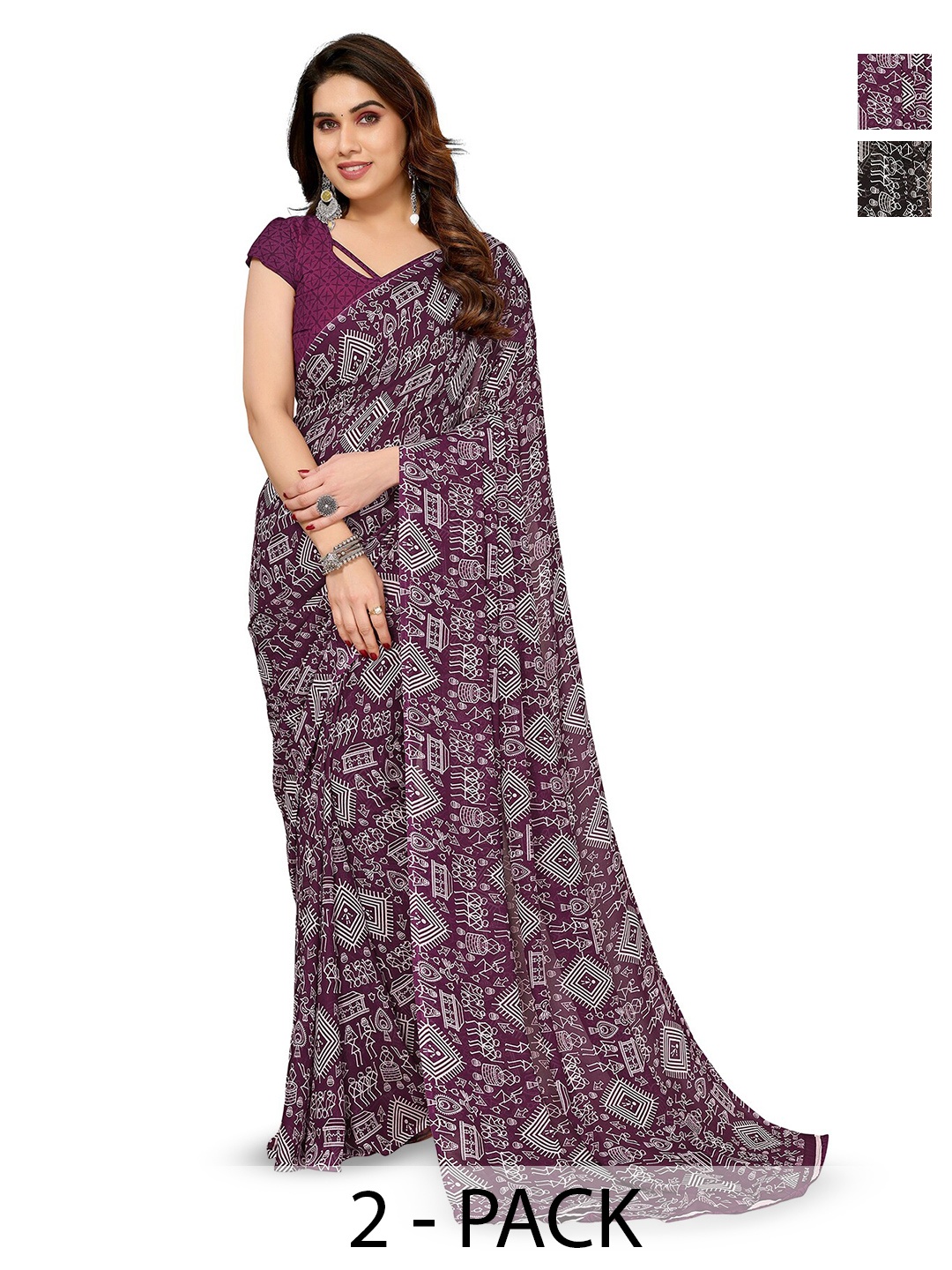 

ANAND SAREES Selection Of 2 Ethnic Motifs Printed Sarees, Purple