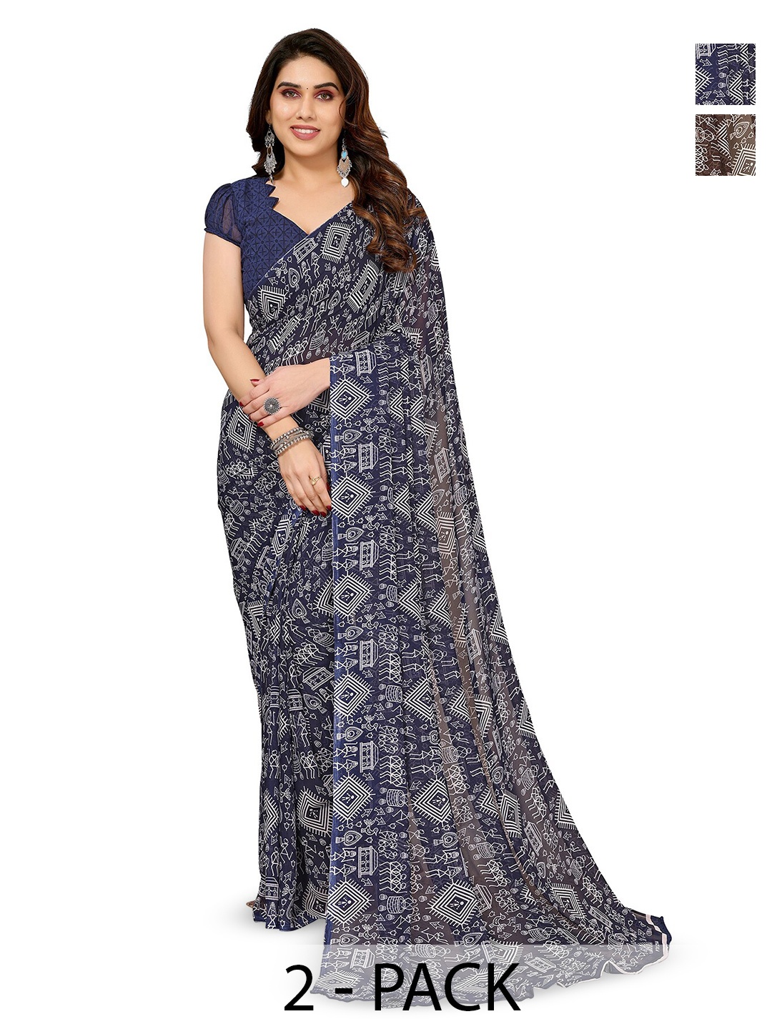 

ANAND SAREES Selection Of 2 Geometric Printed Sarees, Blue