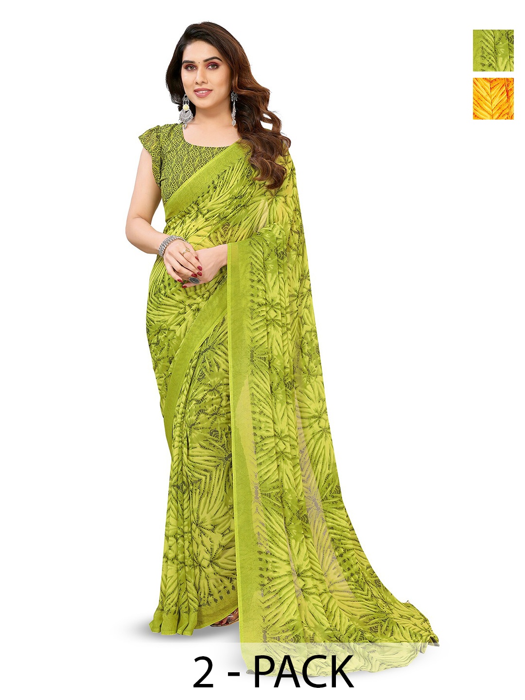 

ANAND SAREES Selection Of 2 Abstract Printed Sarees, Green