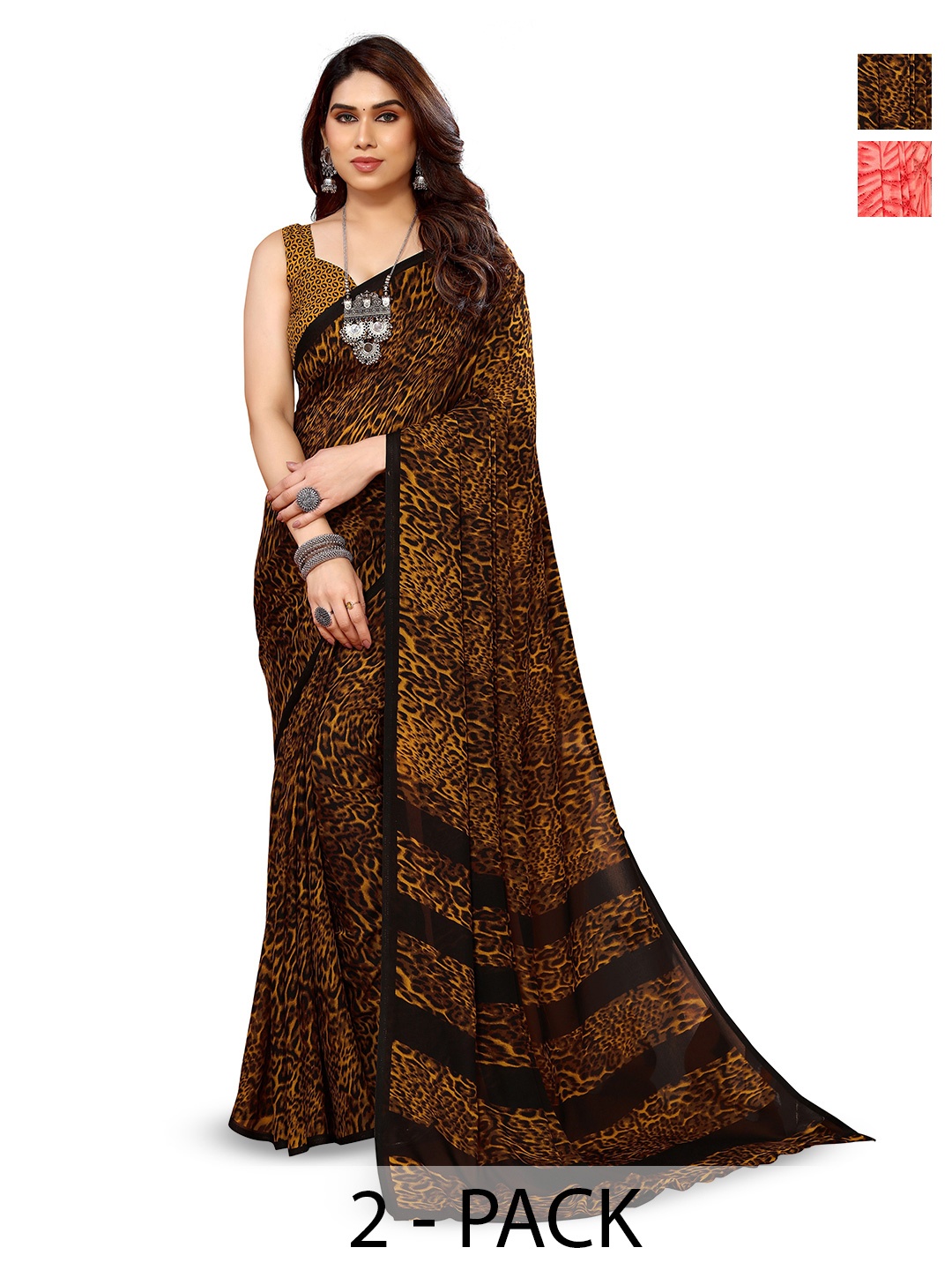 

ANAND SAREES Selection Of 2 Polka Dot Printed Saree, Brown