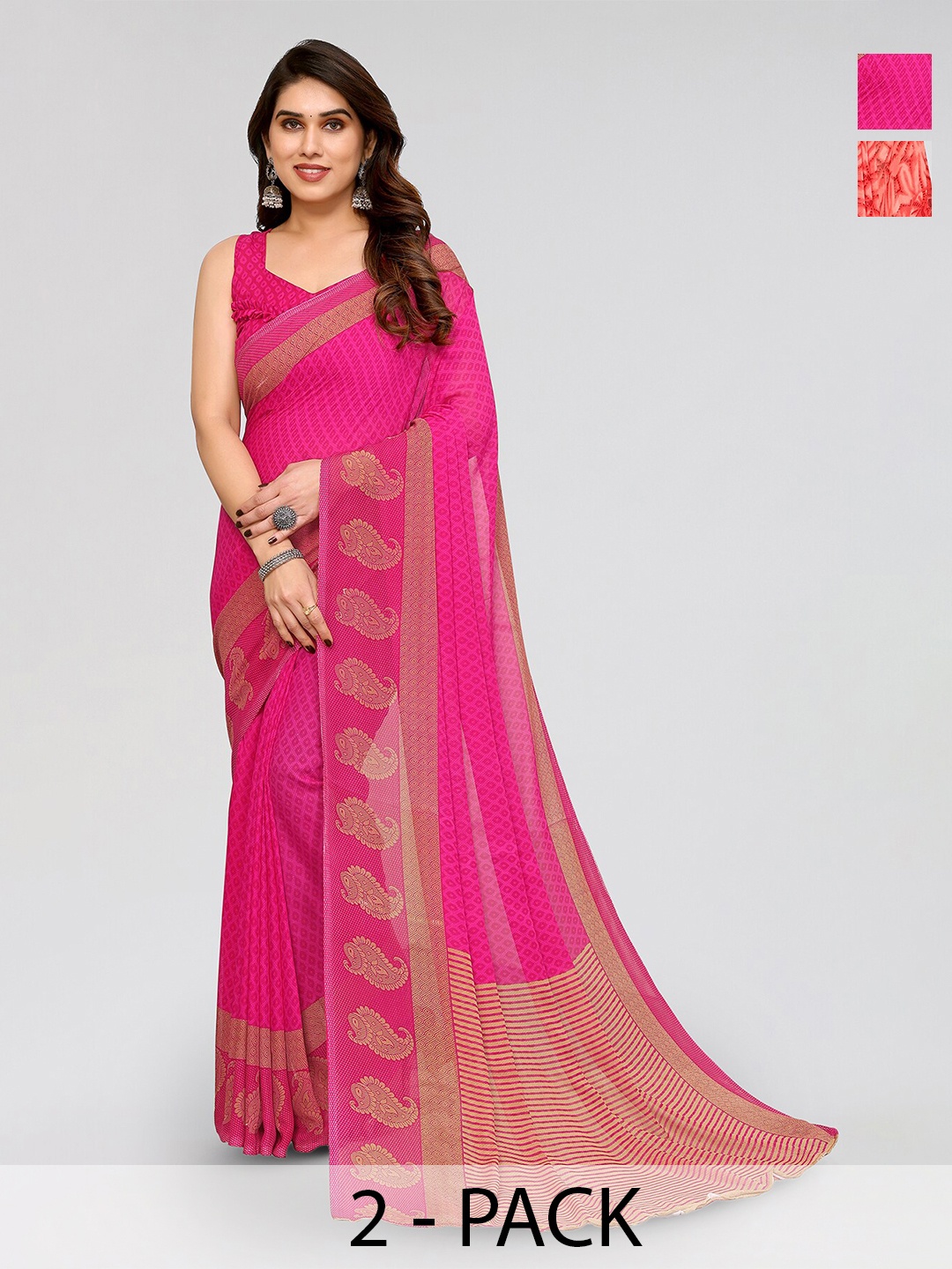 

ANAND SAREES Selection Of 2 Floral Printed Sarees, Pink