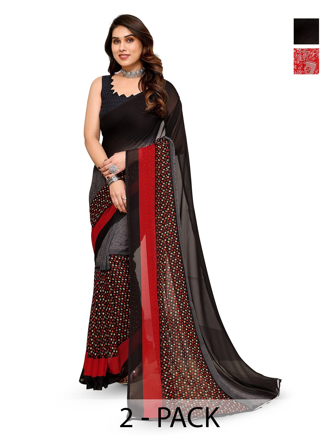 

ANAND SAREES Selection Of 2 Warli Printed Sarees, Red