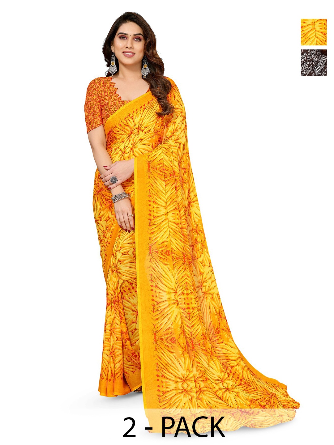 

ANAND SAREES Selection of 2 Ethnic Motifs Printed Sarees, Yellow