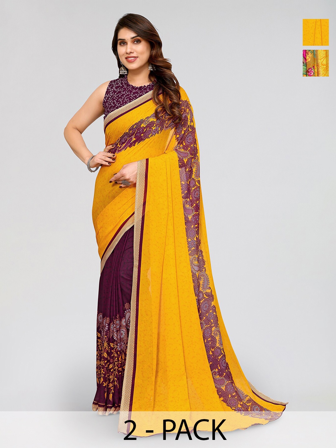 

ANAND SAREES Selection Of 2 Floral Printed Saree, Yellow