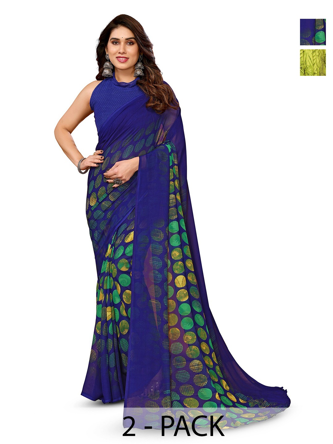 

ANAND SAREES Selection Of 2 Geometric Printed Sarees, Green