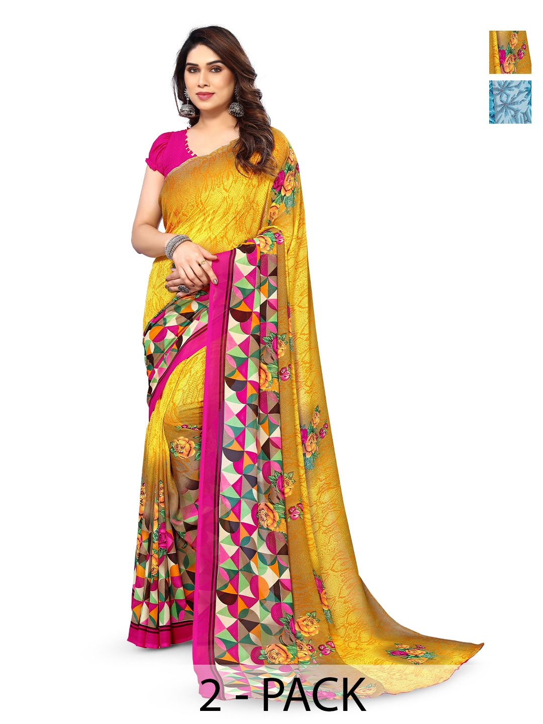 

ANAND SAREES Selection Of 2 Printed Saree, Yellow