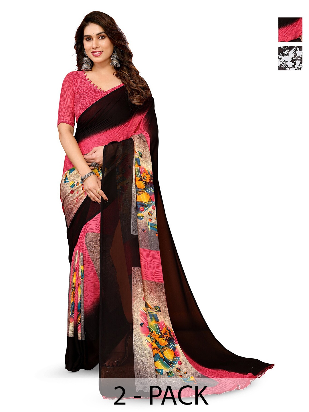 

ANAND SAREES Selection Of 2 Floral Printed Sarees, Black