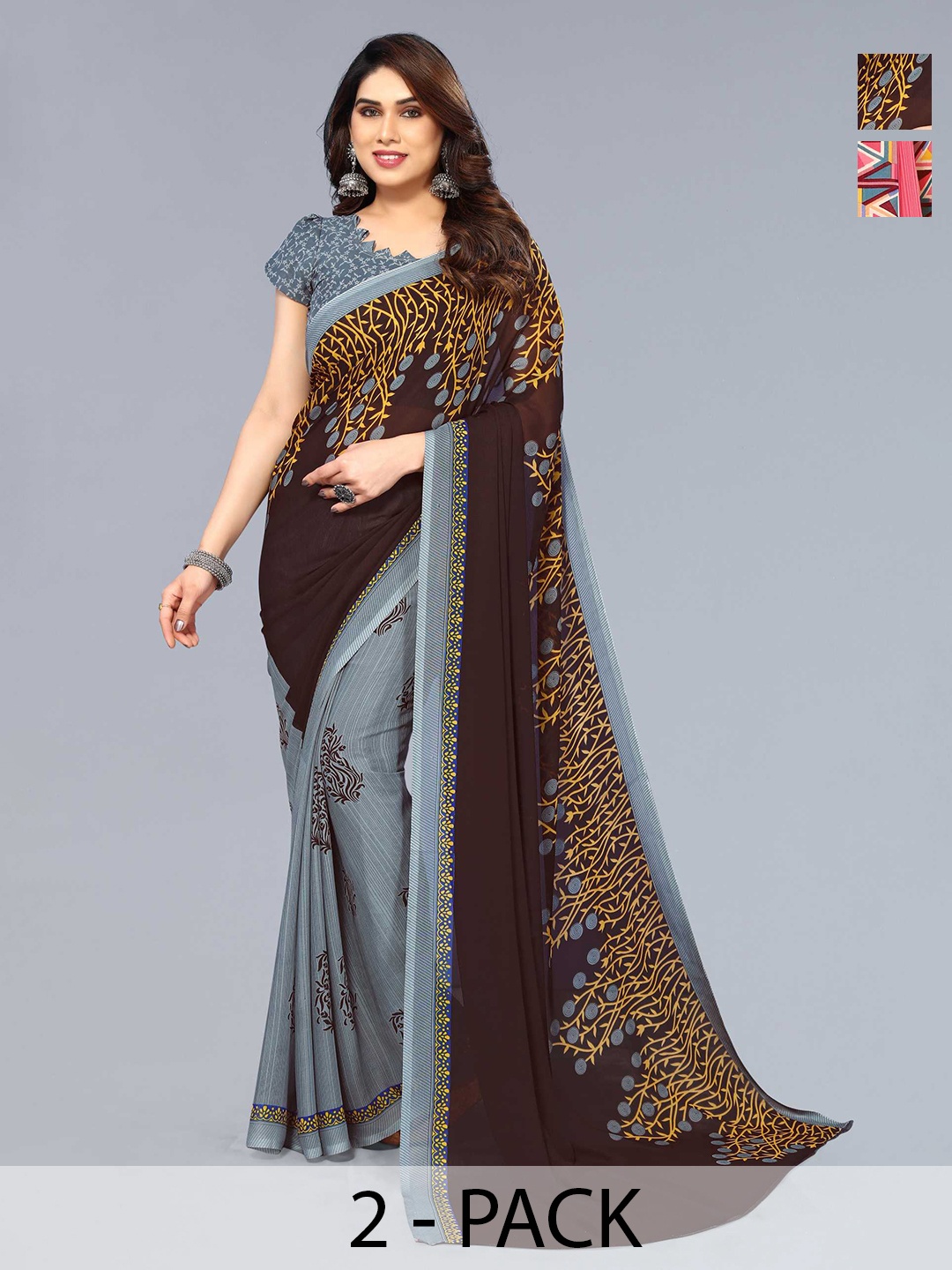 

ANAND SAREES Selection Of 2 Ethnic Motifs Printed Sarees, Pink