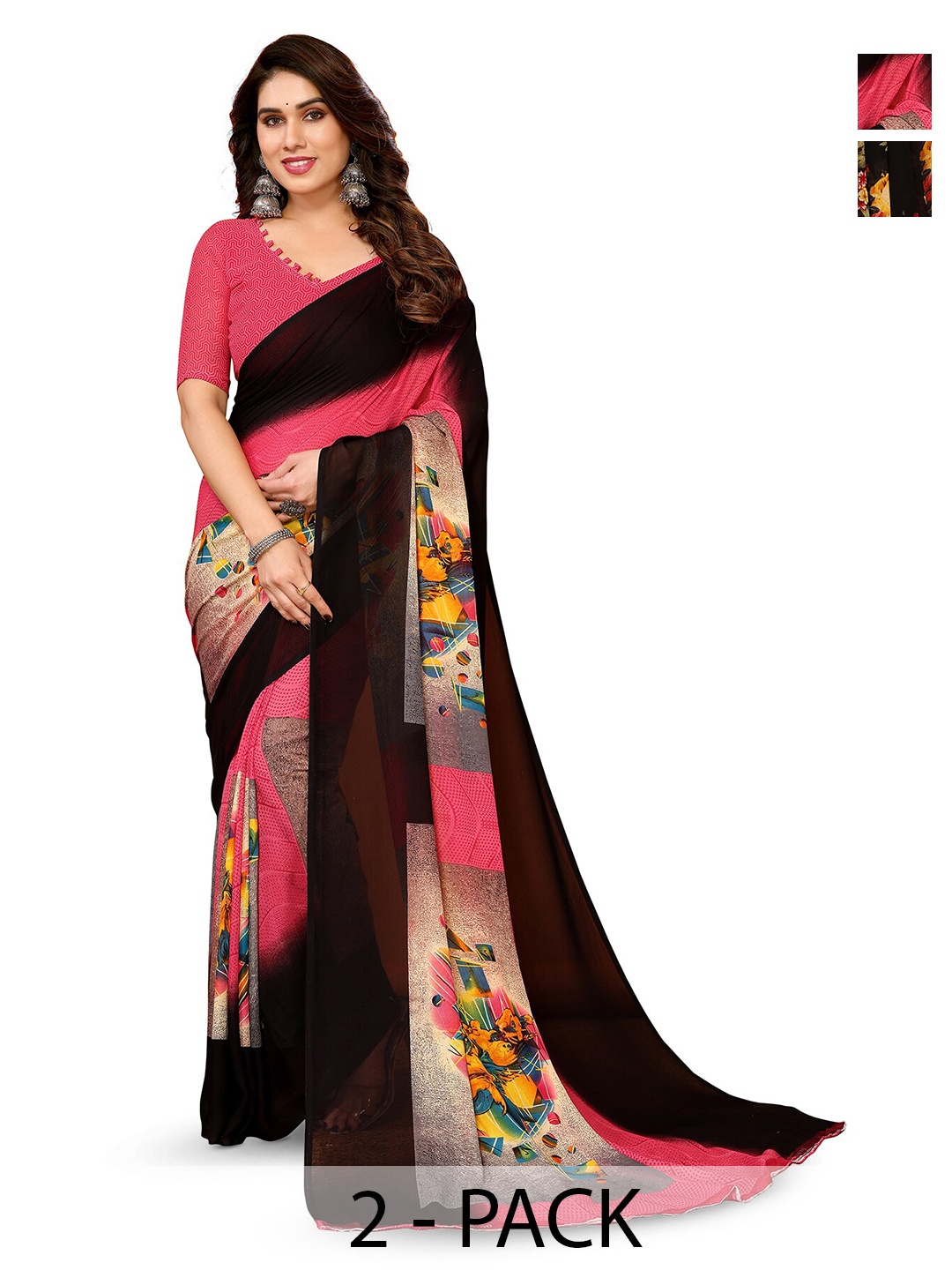 

ANAND SAREES Selection Of 2 Floral Printed Sarees, Black