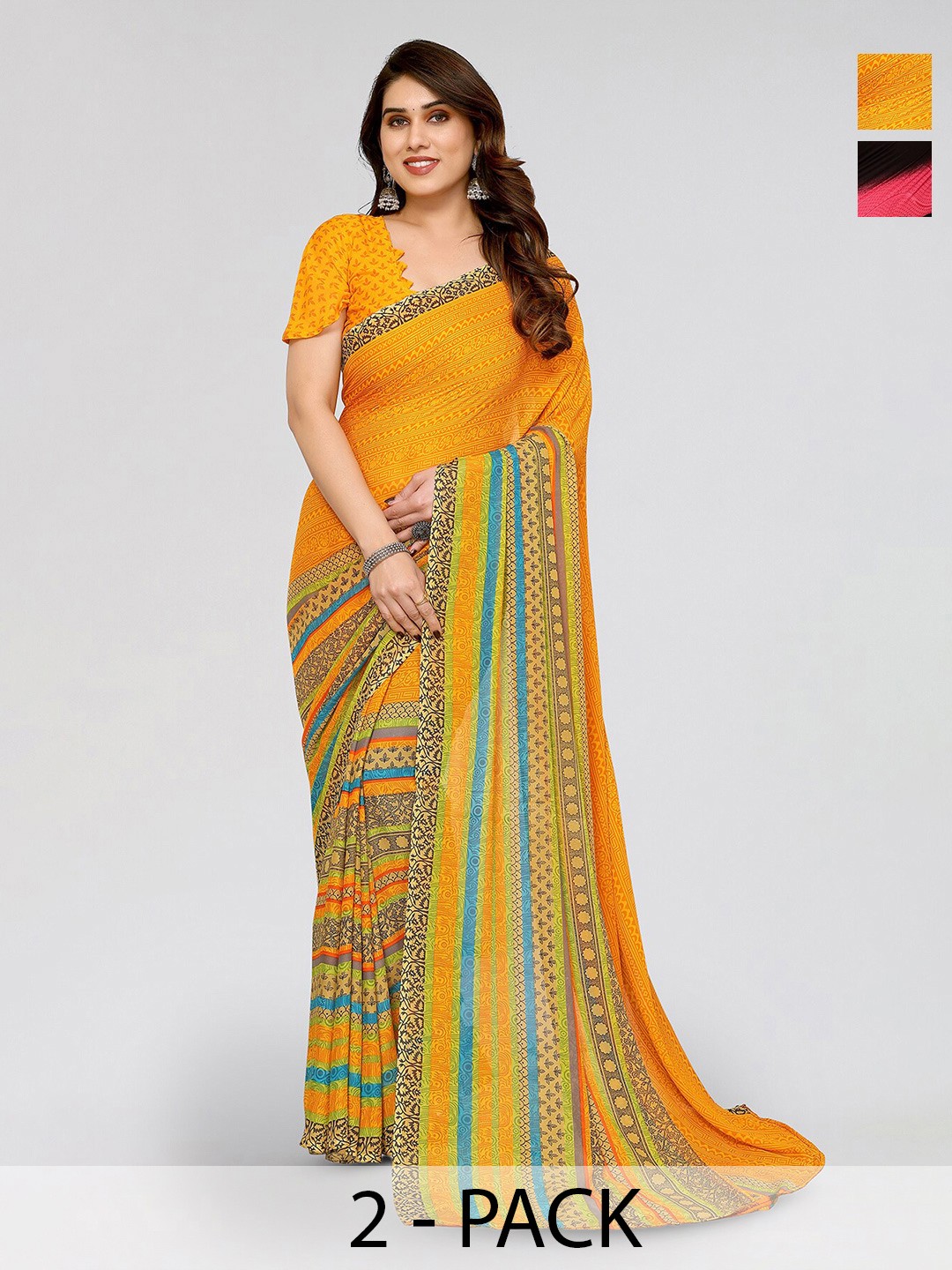 

ANAND SAREES Selection Of 2 Floral Printed Sarees, Yellow