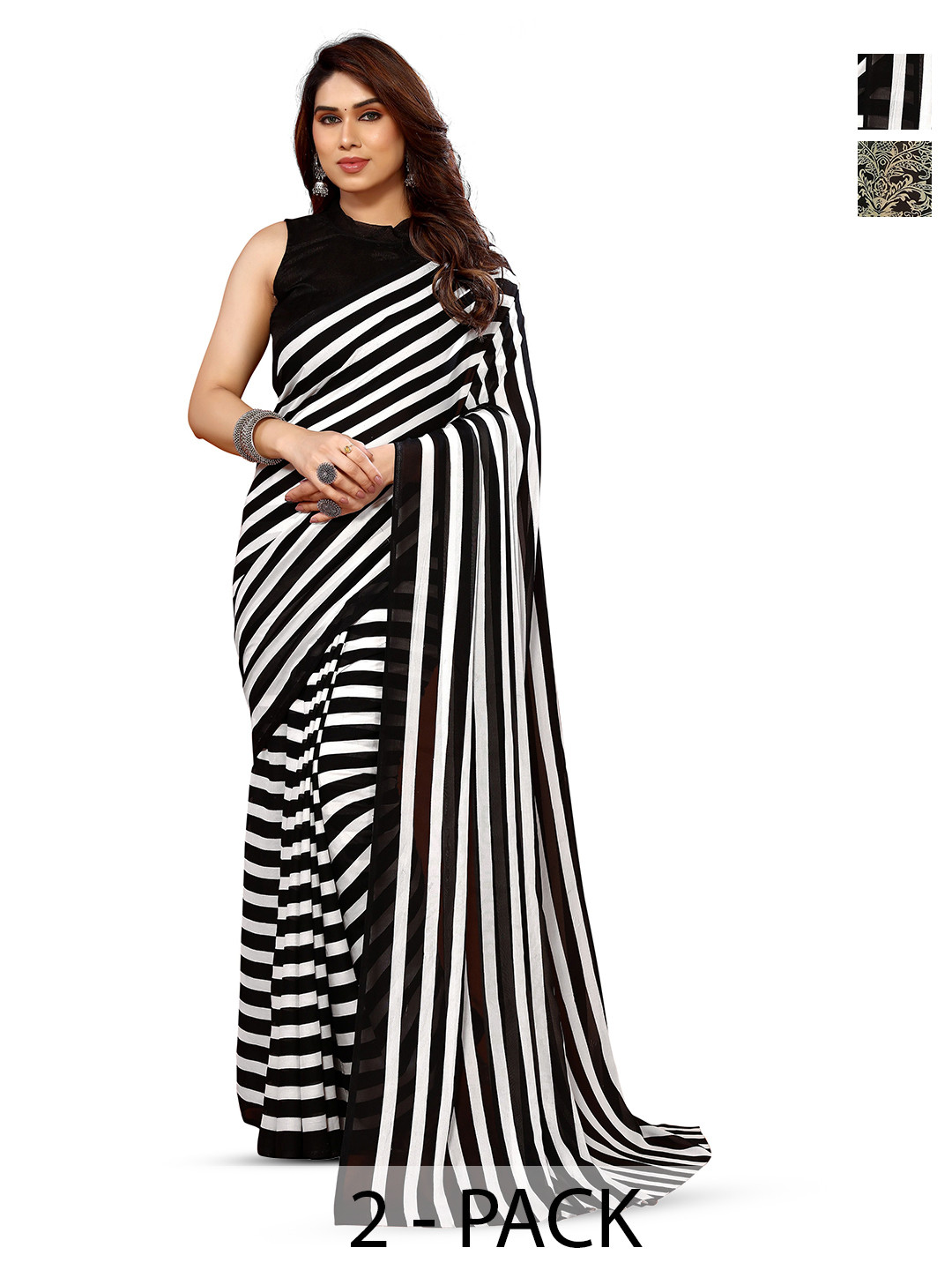 

ANAND SAREES Selection Of 2 Striped Printed Sarees, White