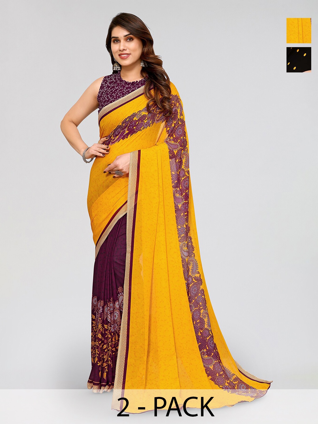 

ANAND SAREES Selection Of 2 Polka Dots Printed Saree, Black