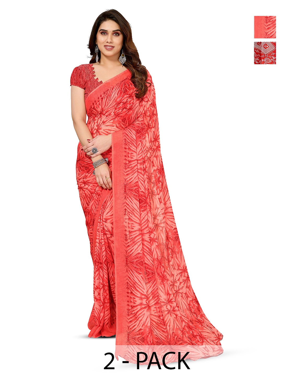 

ANAND SAREES Selection Of 2 Warli Printed Sarees, Red