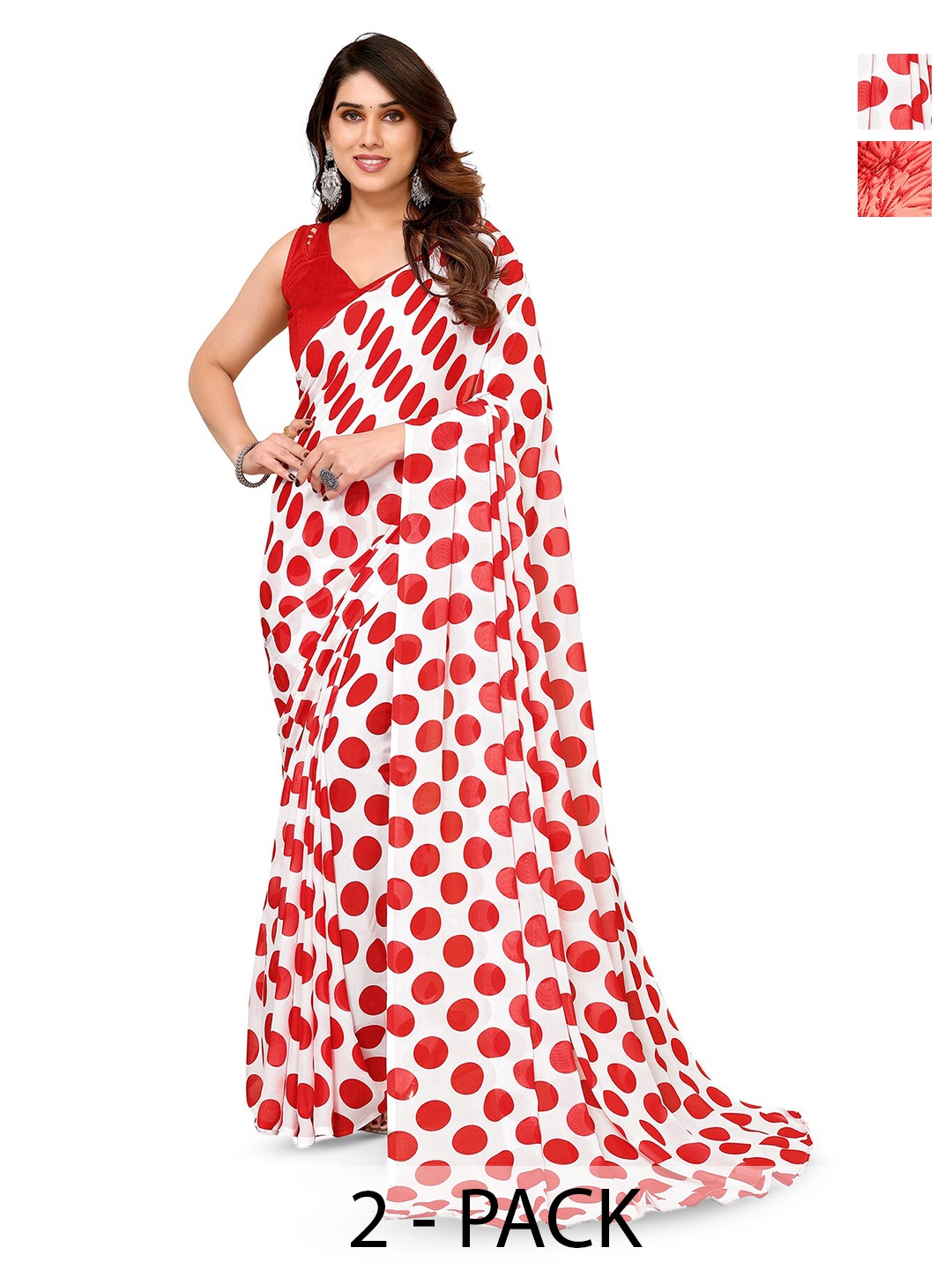 

ANAND SAREES Selection Of 2 Polka Dots Printed Sarees, White