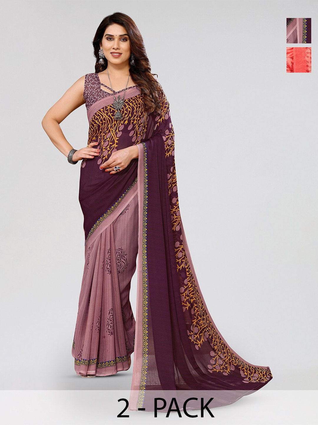 

ANAND SAREES Selection of 2 Ethnic Motifs Printed Sarees, Mauve