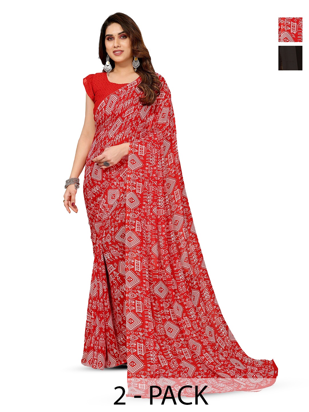 

ANAND SAREES Selection of 2 Ethnic Motifs Sarees, Red