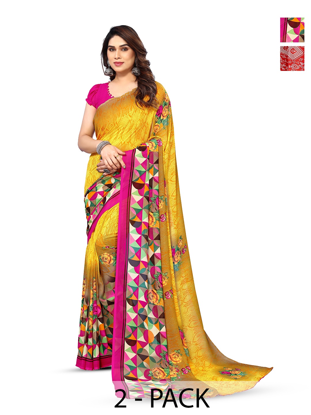 

ANAND SAREES Selection Of 2 Ethnic Motifs Printed Sarees, Red