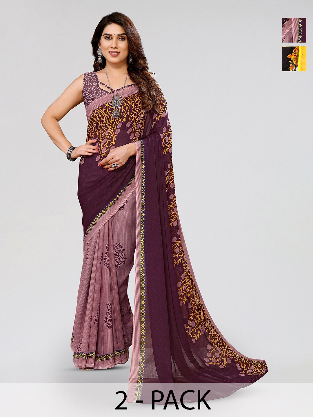 

ANAND SAREES Selection Of 2 Floral Printed Sarees, Yellow