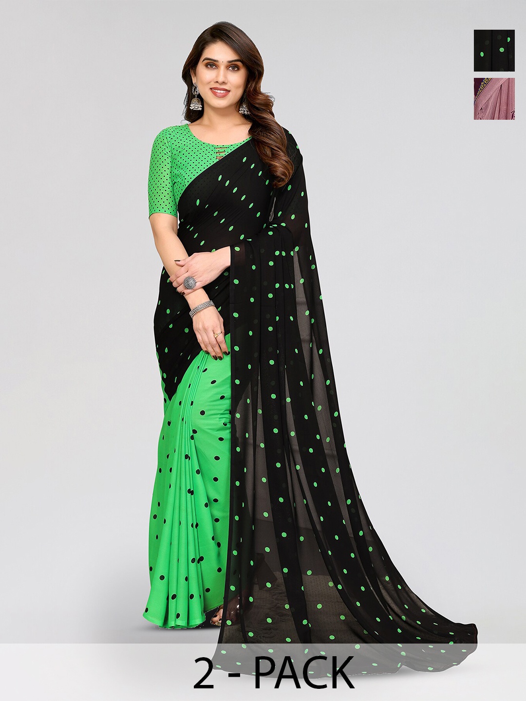 

ANAND SAREES Selection of 2 Polka Dot Sarees, Green