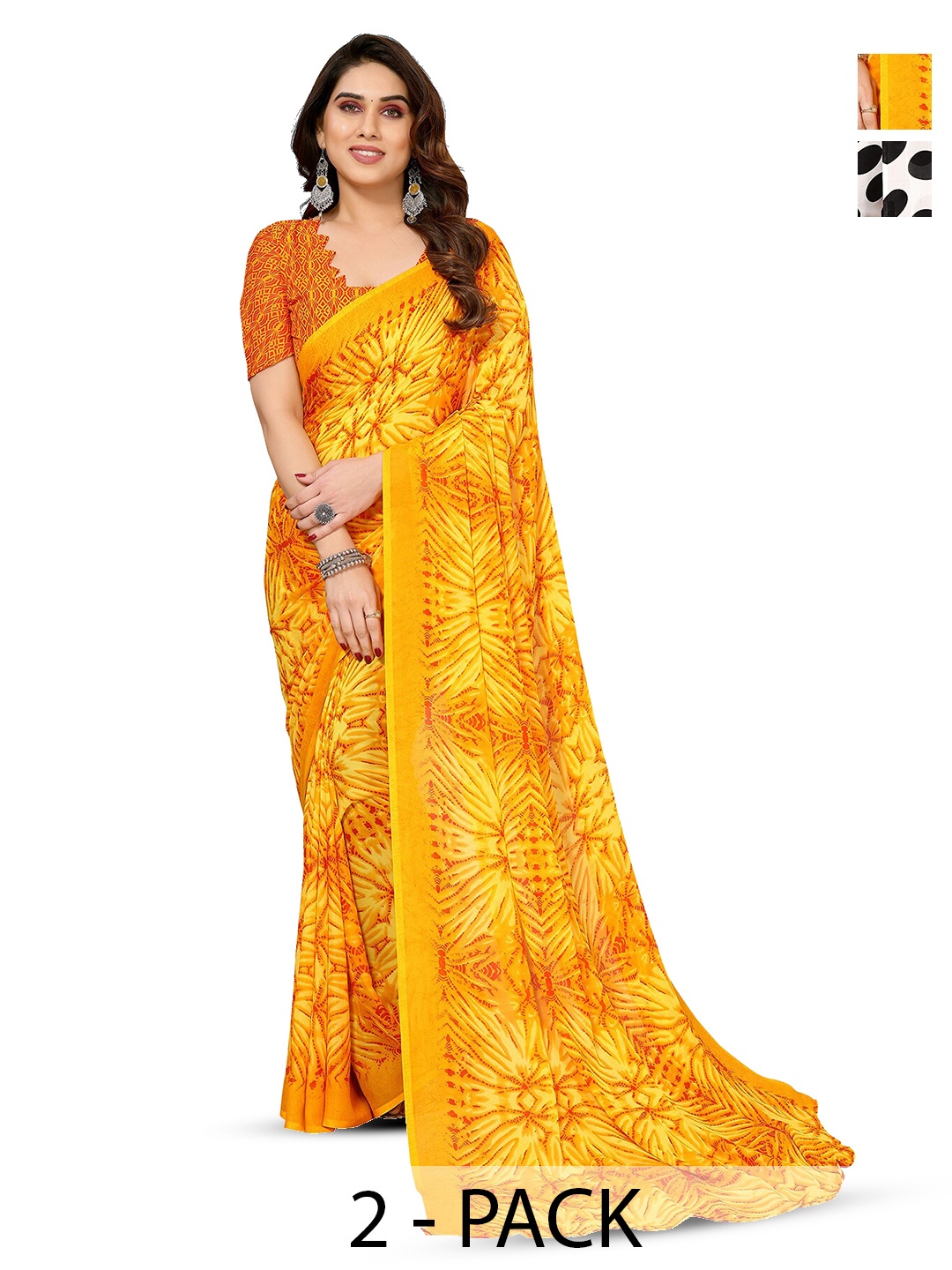

ANAND SAREES Selection Of 2 Floral Printed Sarees, White