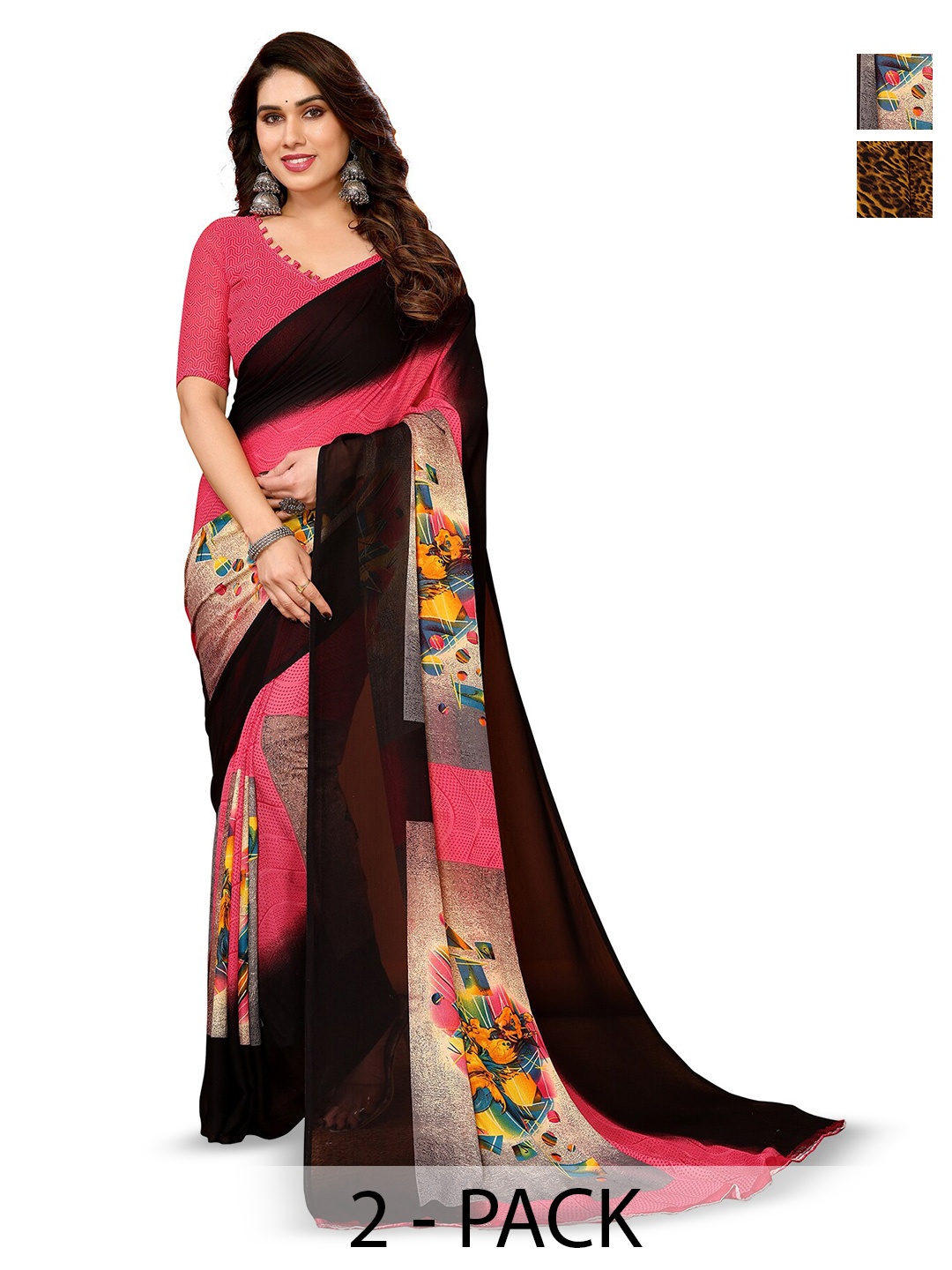 

ANAND SAREES Selection Of 2 Ethnic Motifs Printed Sarees, Black