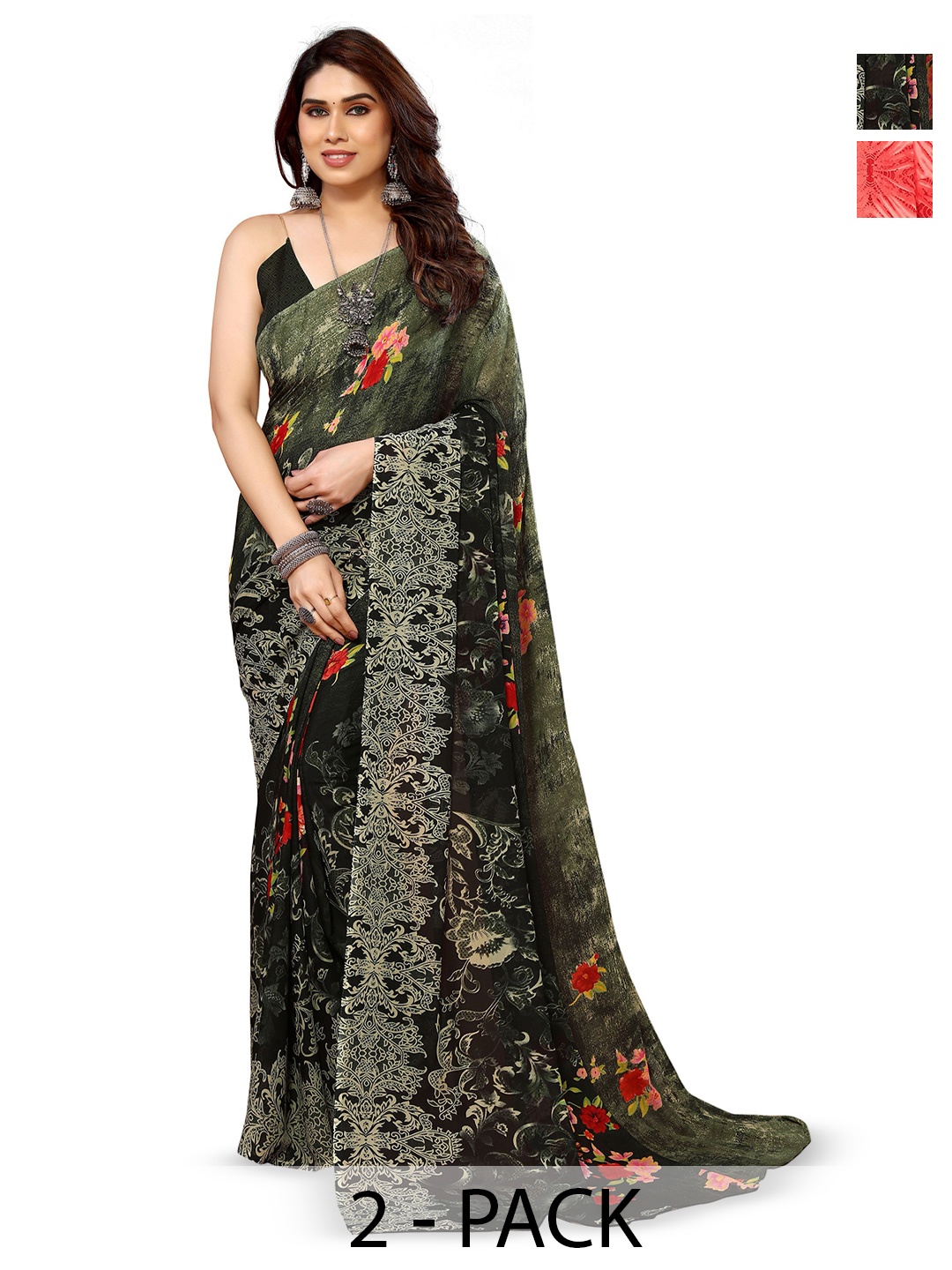 

ANAND SAREES Pack Of 2 Abstract Printed Georgette Saree, Peach