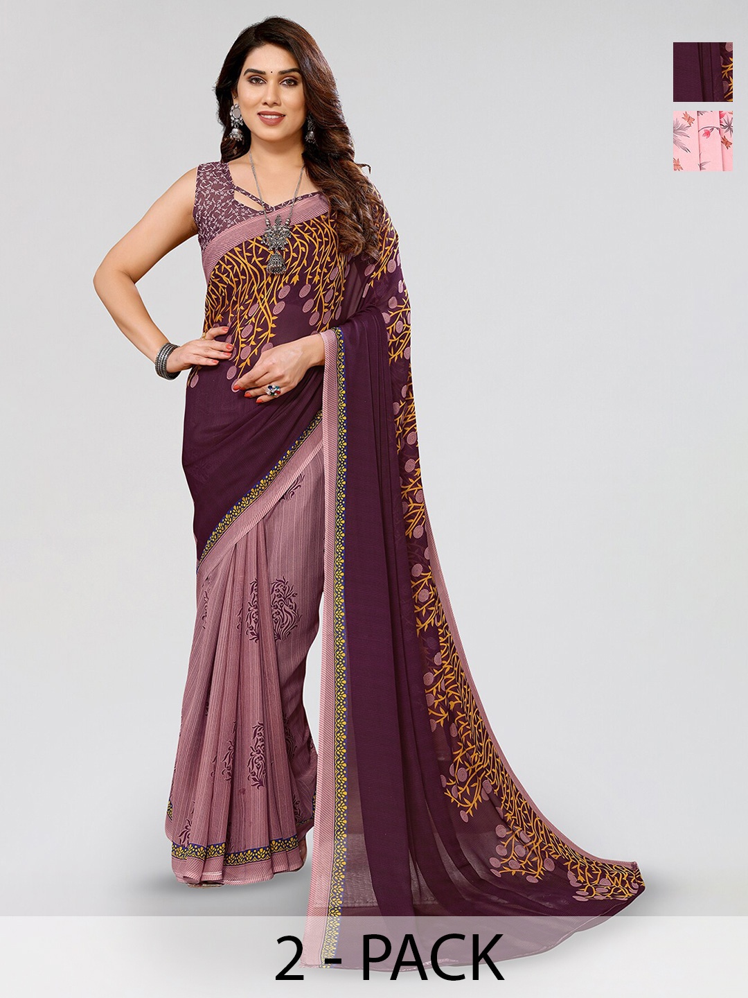 

ANAND SAREES Selection Of 2 Ethnic Motifs Printed Sarees, Pink