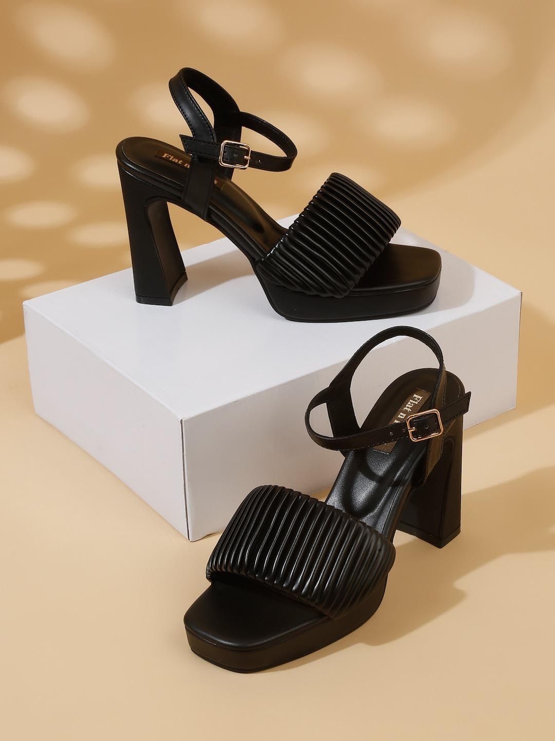 

Flat n Heels Textured Open Toe Block Heels, Black