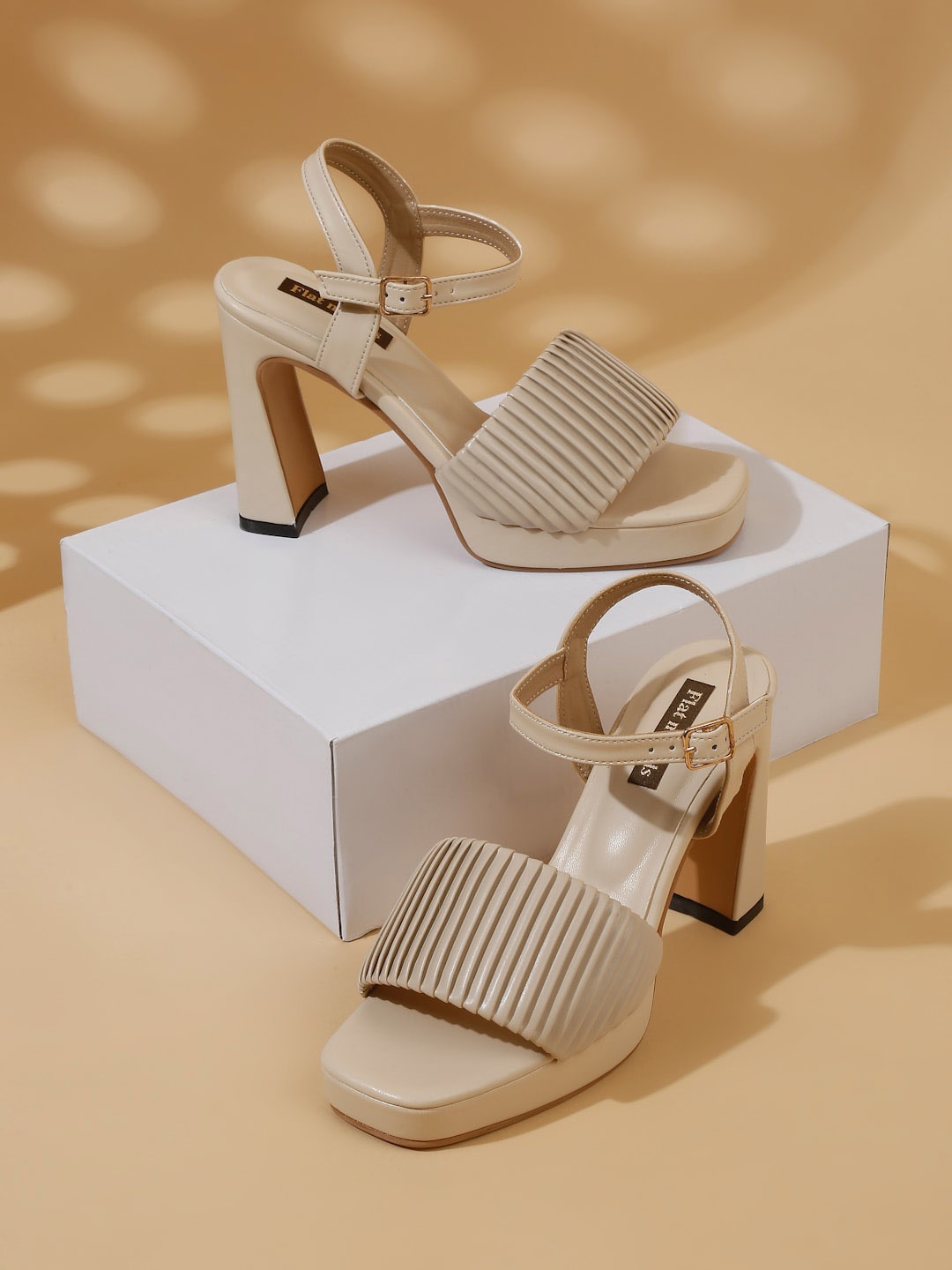 

Flat n Heels Textured Open Toe Block Heels, Beige