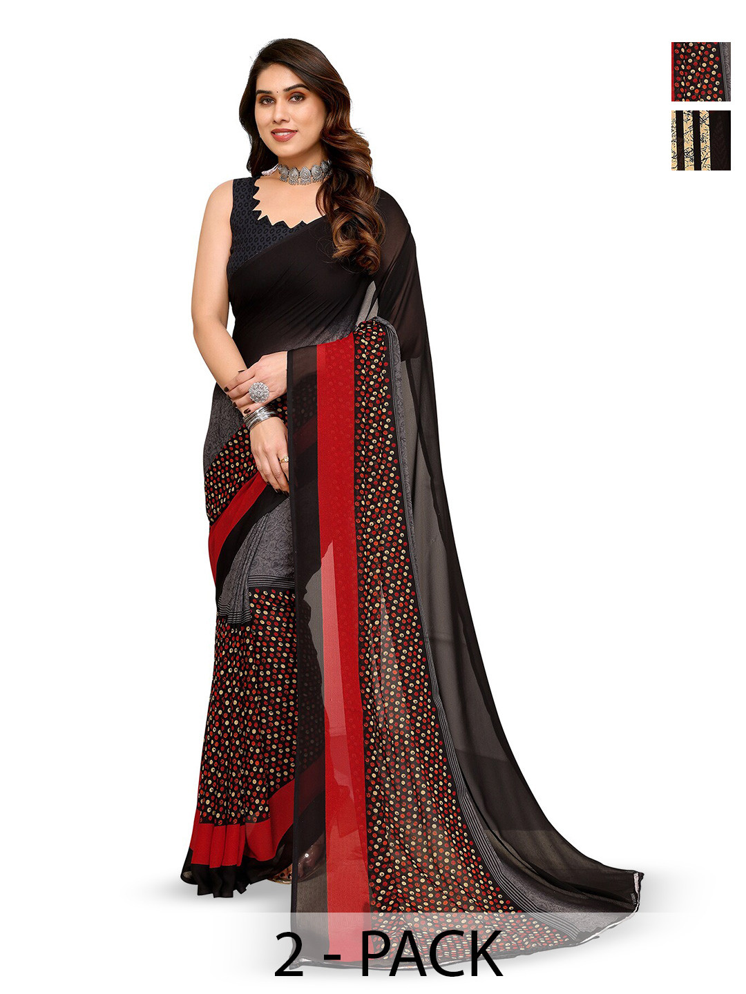 

ANAND SAREES Selection Of 2 Ethnic Motifs Printed Saree, Black
