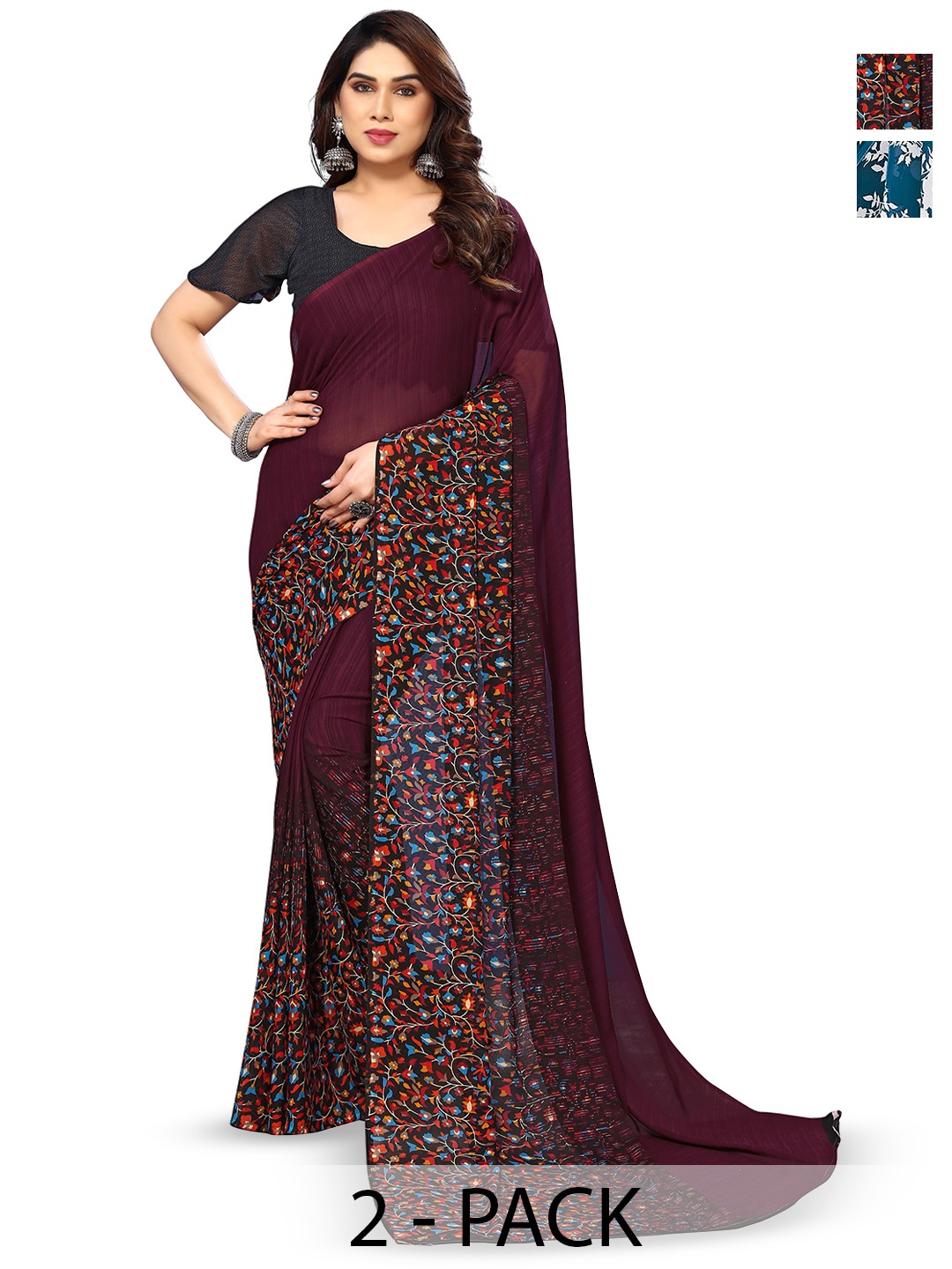 

ANAND SAREES Selection Of 2 Ethnic Motifs Printed Sarees, Teal