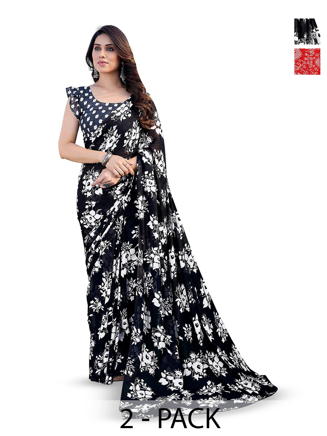 

ANAND SAREES Selection Of 2 Floral Printed Sarees, Black