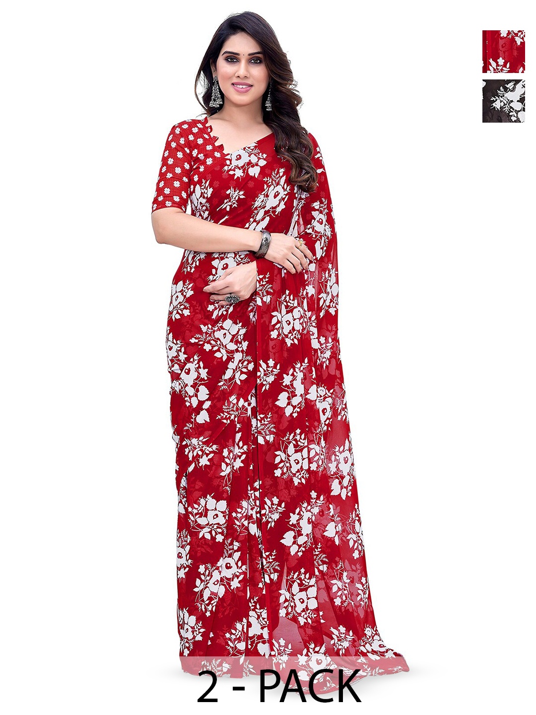 

ANAND SAREES Selection Of 2 Floral Printed Sarees, Red