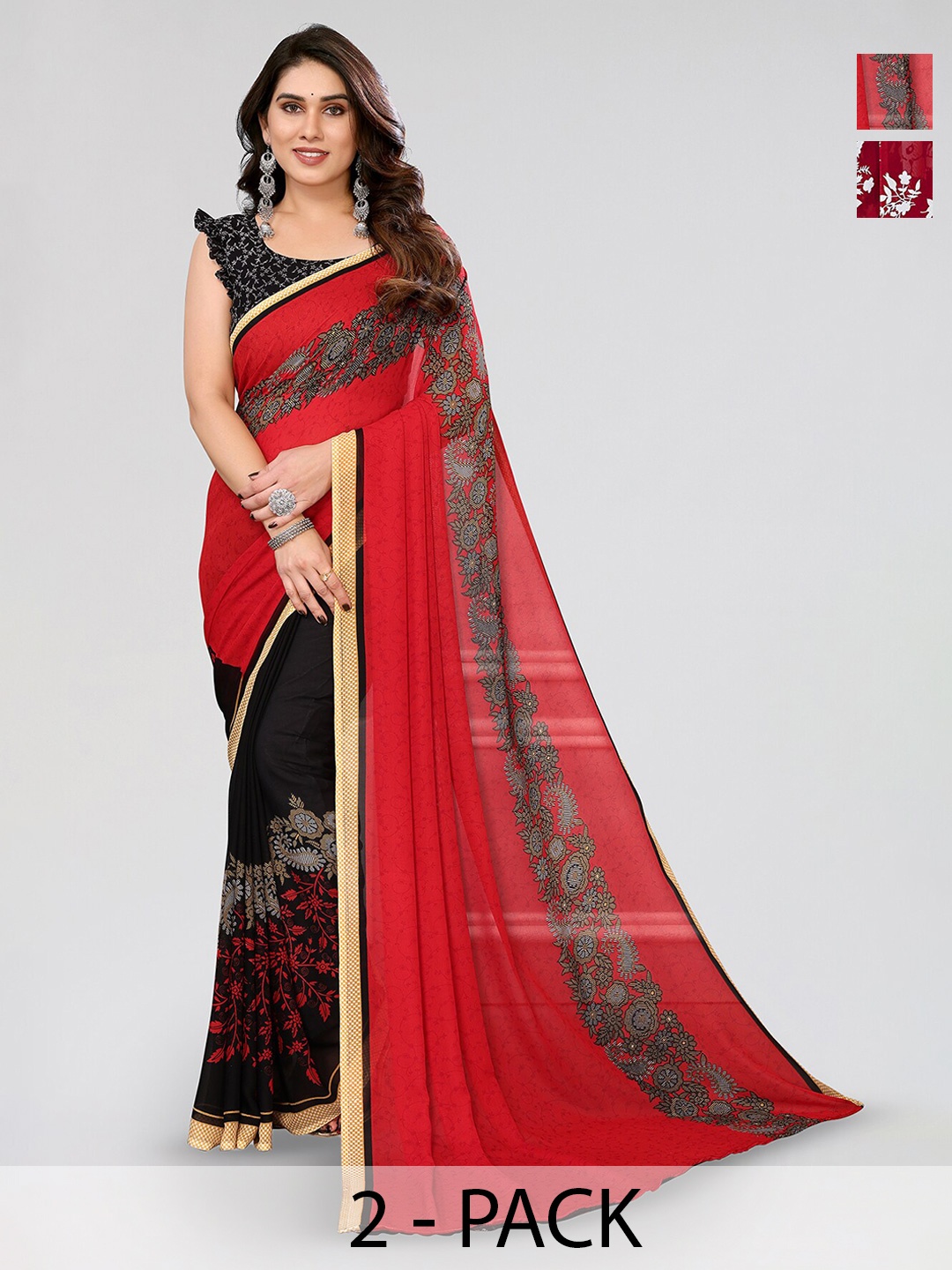 

ANAND SAREES Selection of 2 Floral Printed Saree, Red
