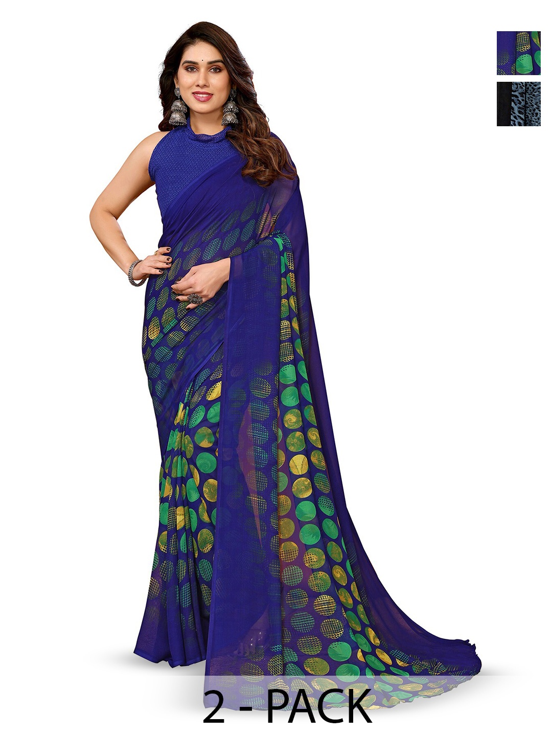 

ANAND SAREES Selection Of 2 Printed Sarees, Blue