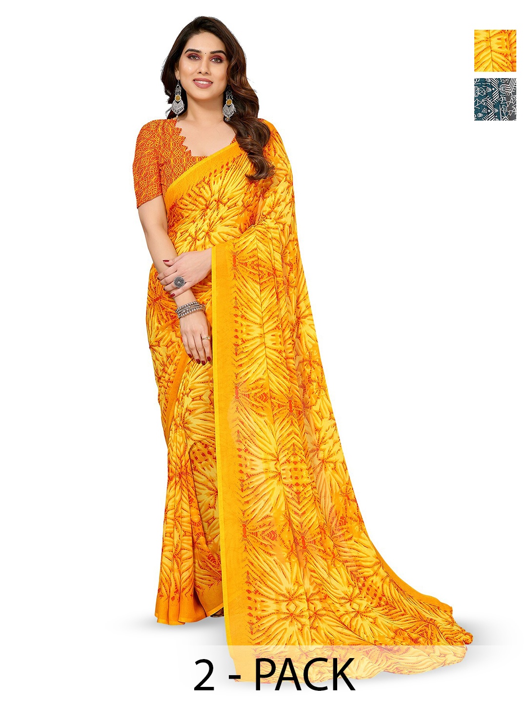 

ANAND SAREES Selection Of 2 Abstract Printed Sarees, Yellow
